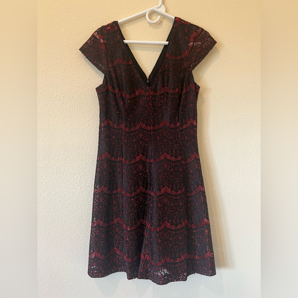 Red Kenzie Dress with Black Lace Knee Length - Size 10